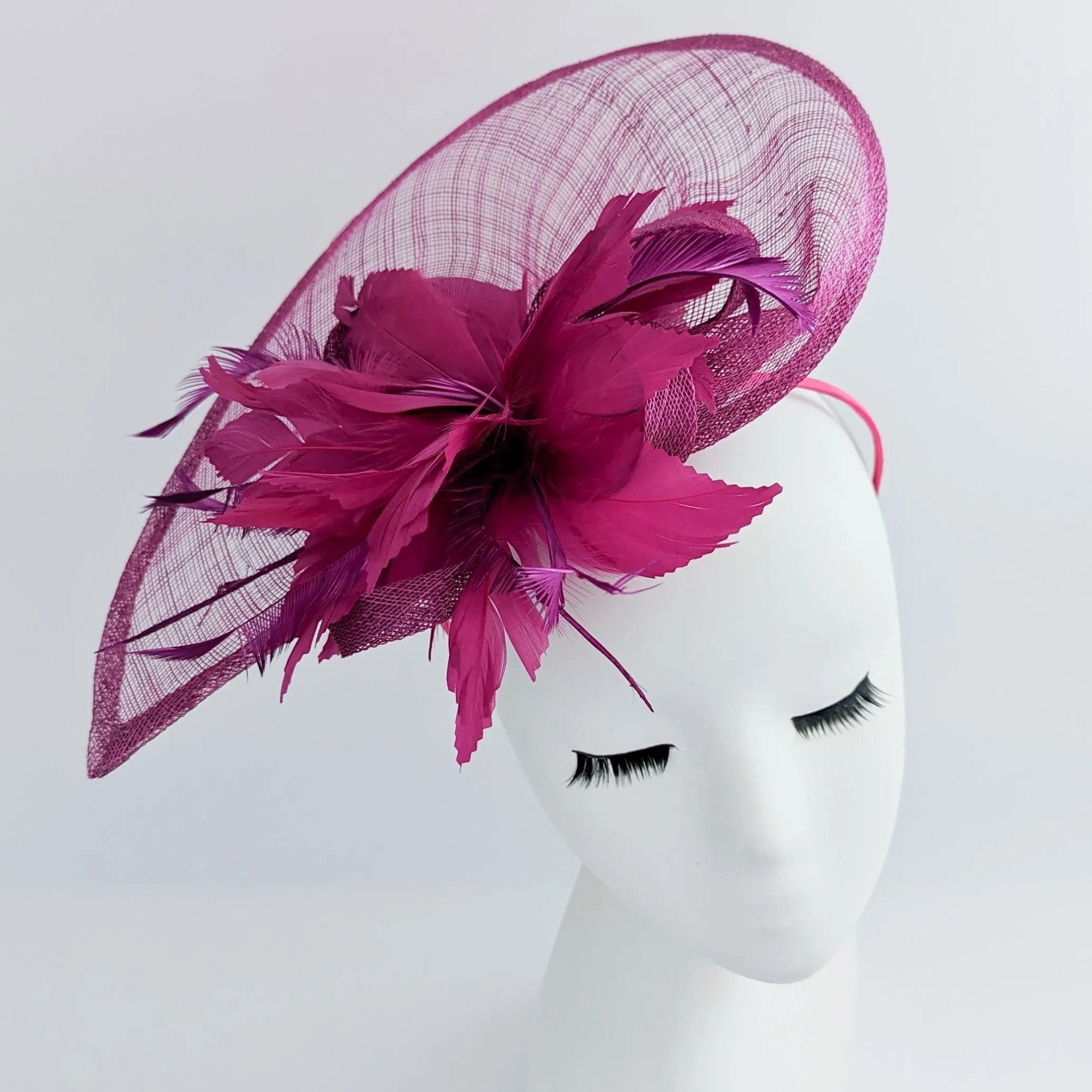 Magenta pink feather large teardrop fascinator hat - House of Hats