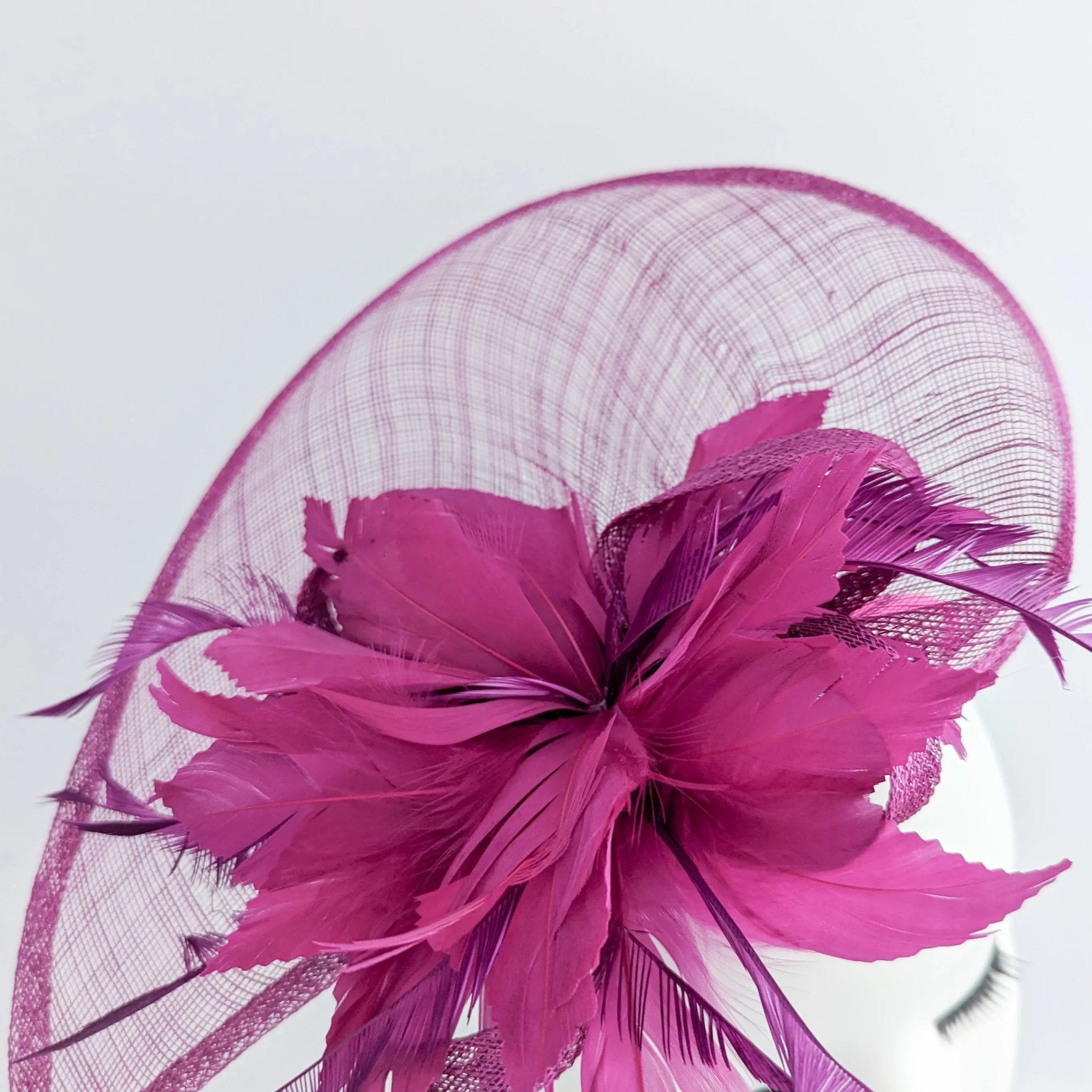 Magenta pink feather large teardrop fascinator hat - House of Hats