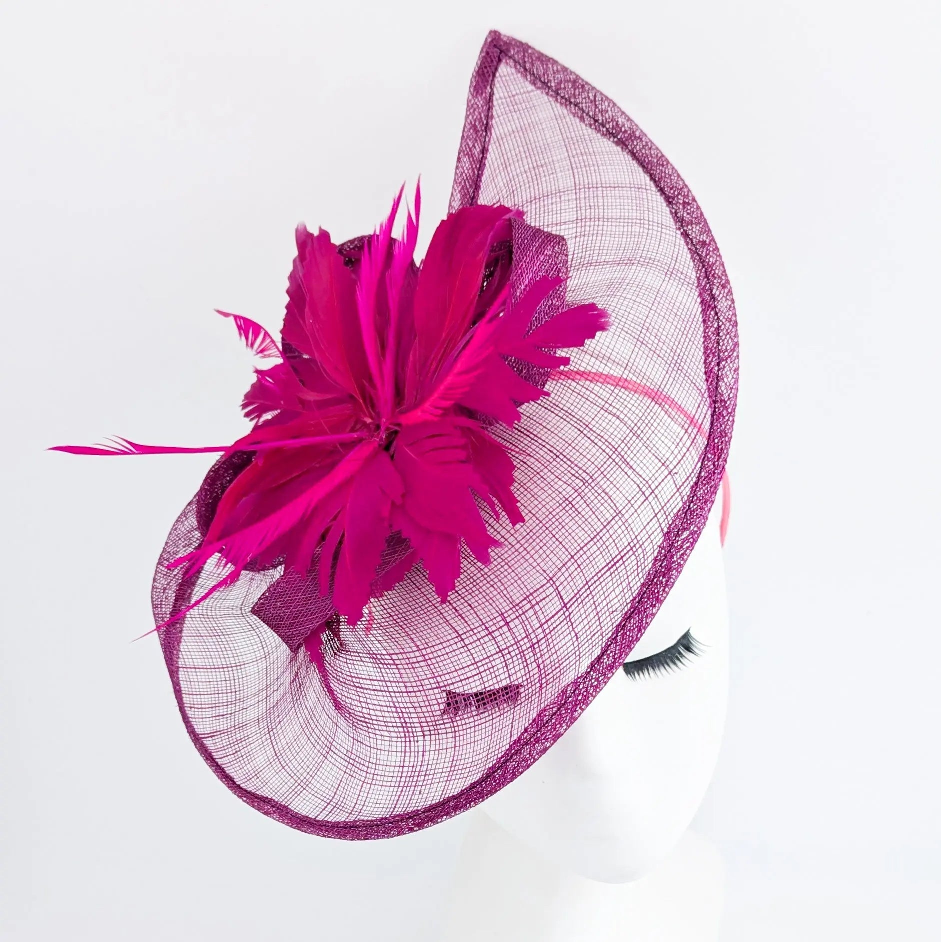 Magenta pink feather large teardrop fascinator hat - House of Hats
