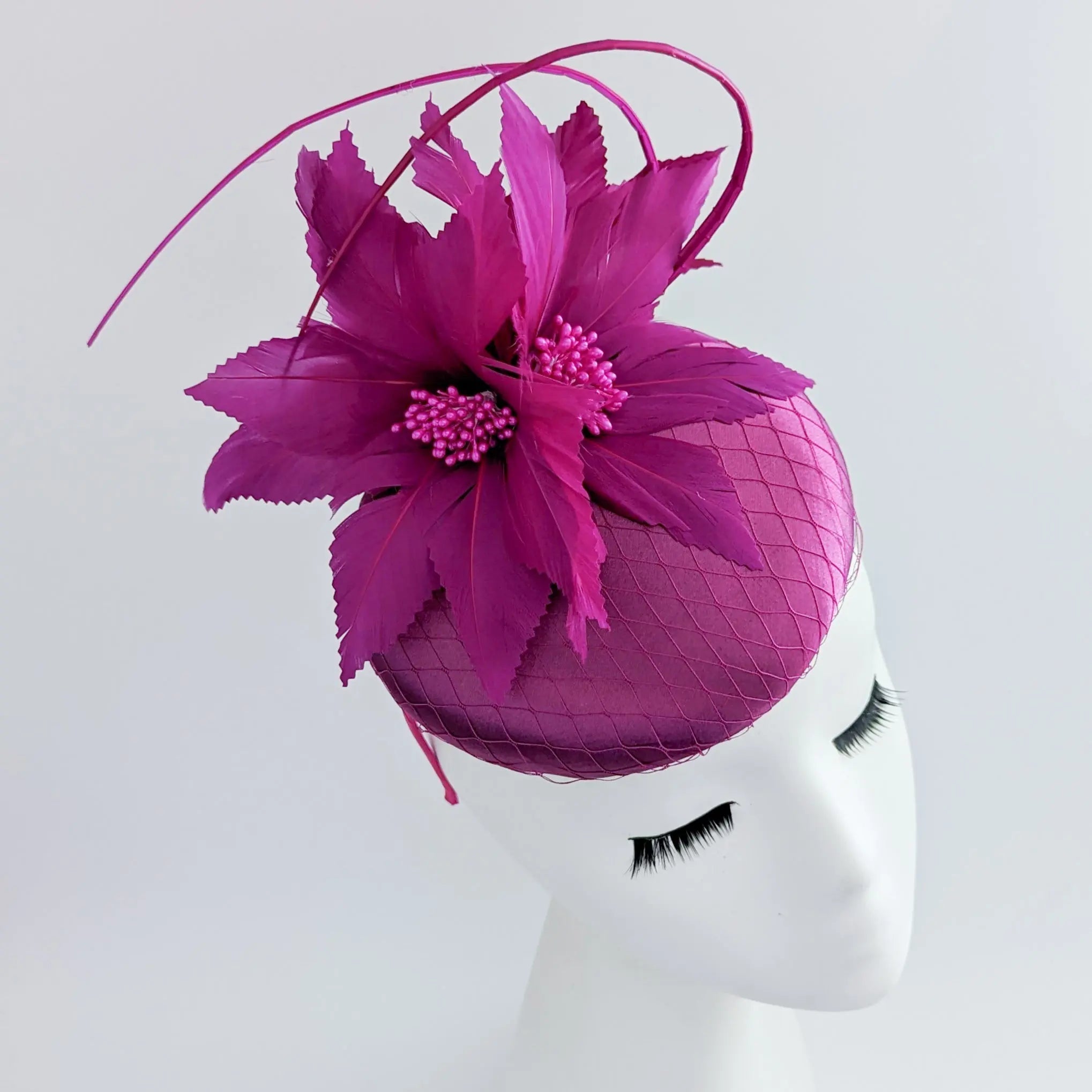 Magenta pink feather satin fascinator hat - House of Hats