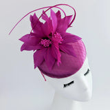 Magenta pink feather satin fascinator hat - House of Hats