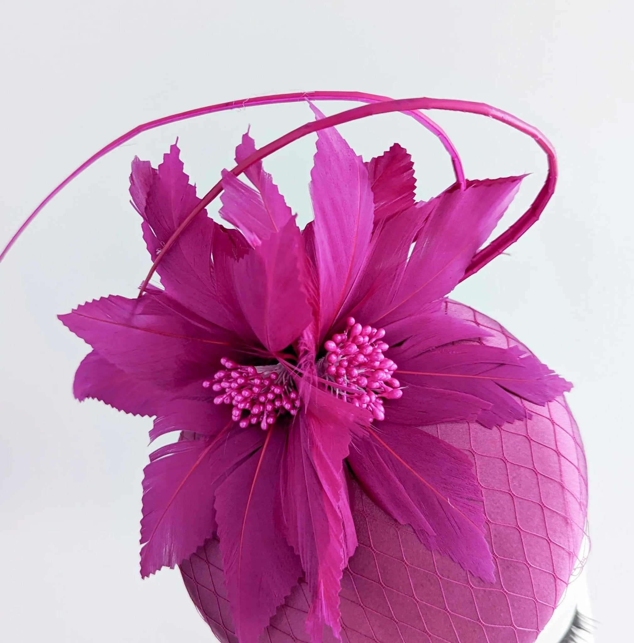 Magenta pink feather satin fascinator hat - House of Hats