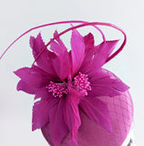 Magenta pink feather satin fascinator hat - House of Hats