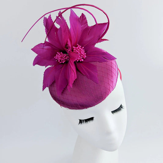 Magenta pink feather satin fascinator hat - House of Hats