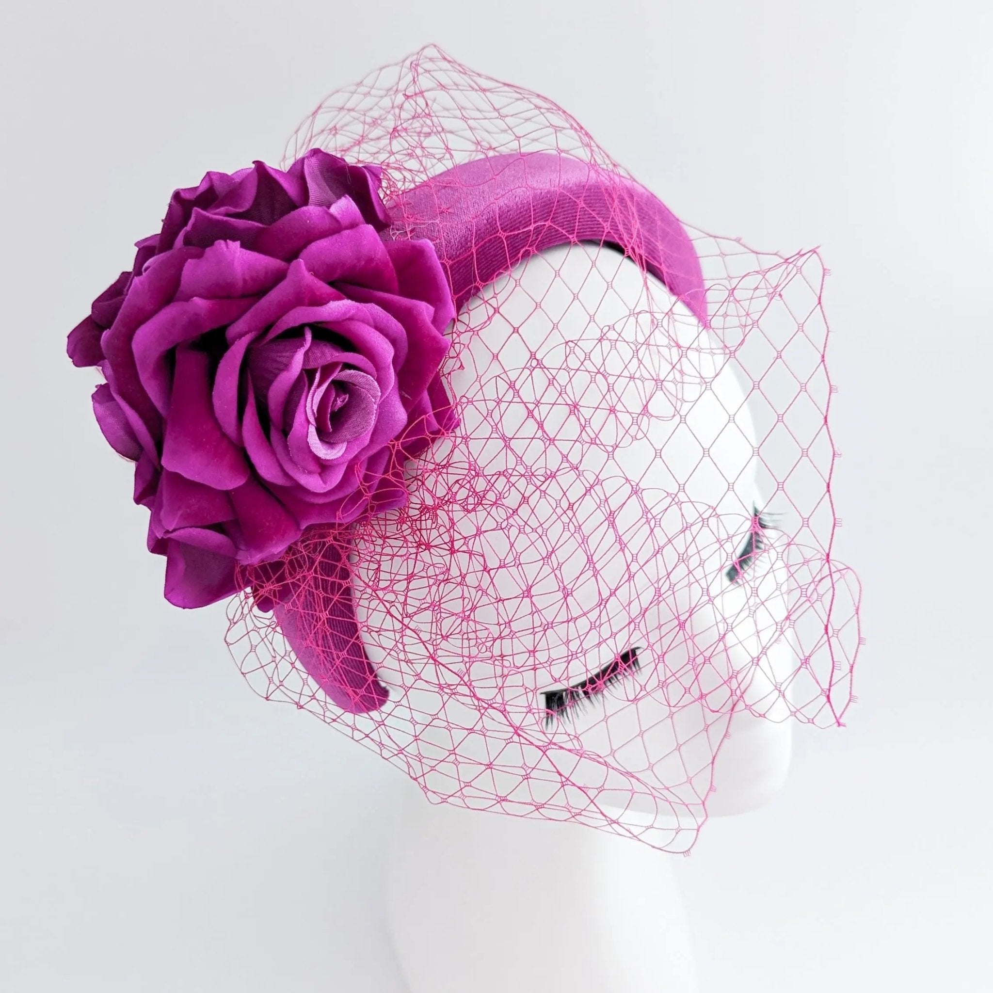 Magenta pink flower padded velvet headband fascinator - House of Hats