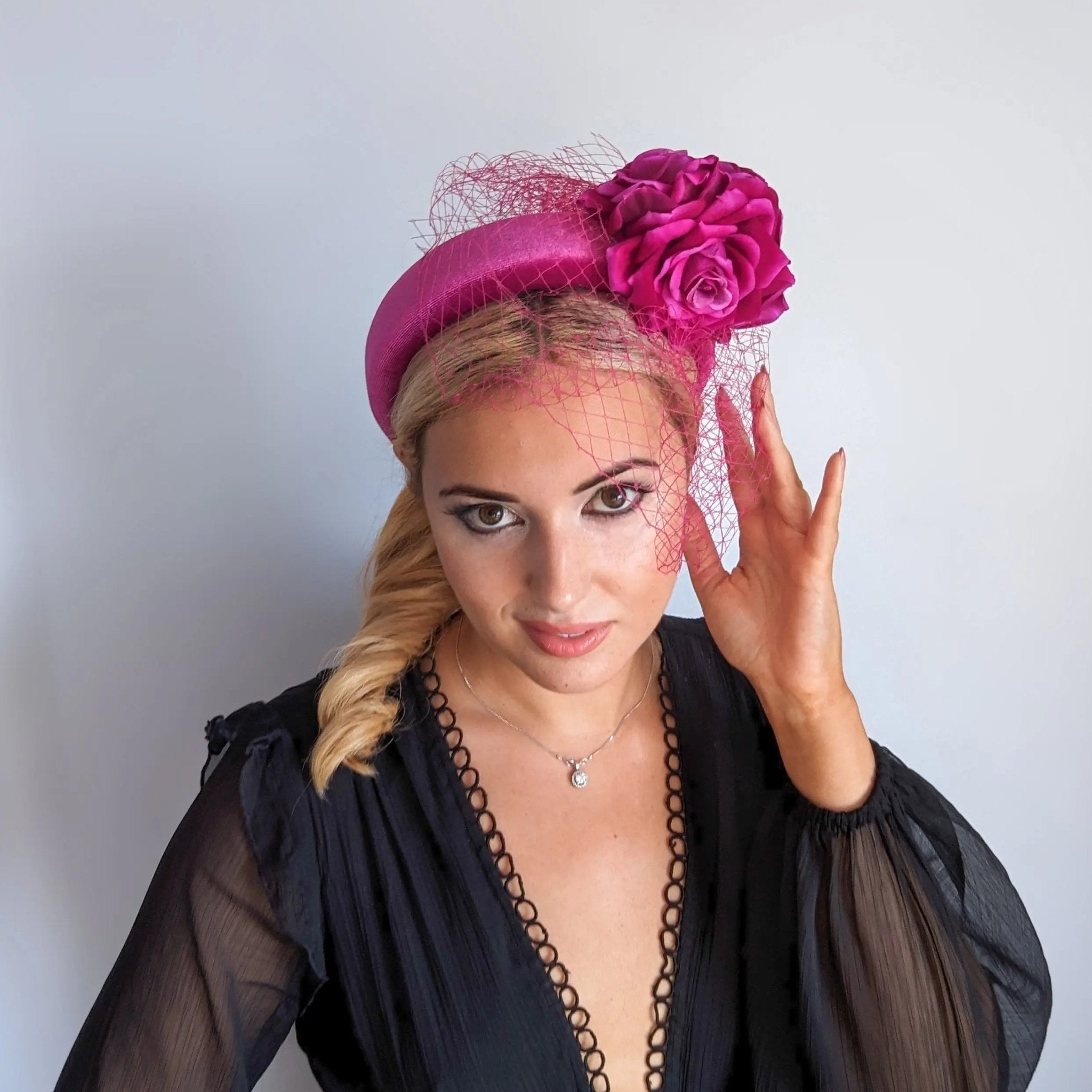 Magenta pink flower padded velvet headband fascinator - House of Hats