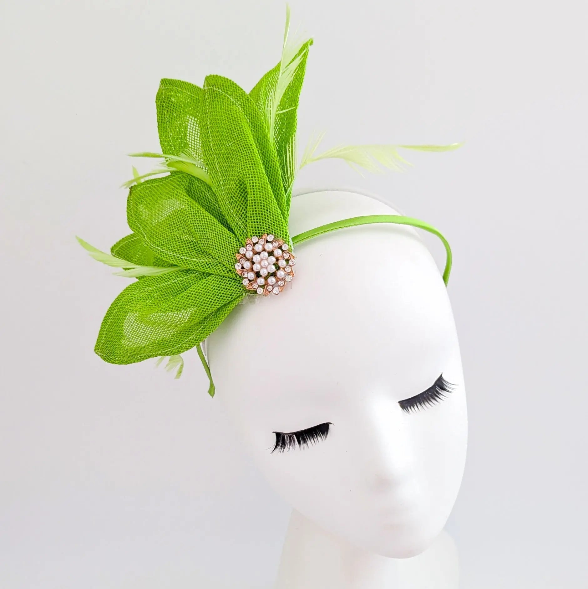 Matcha lime green feather petal fan fascinator hat - House of Hats