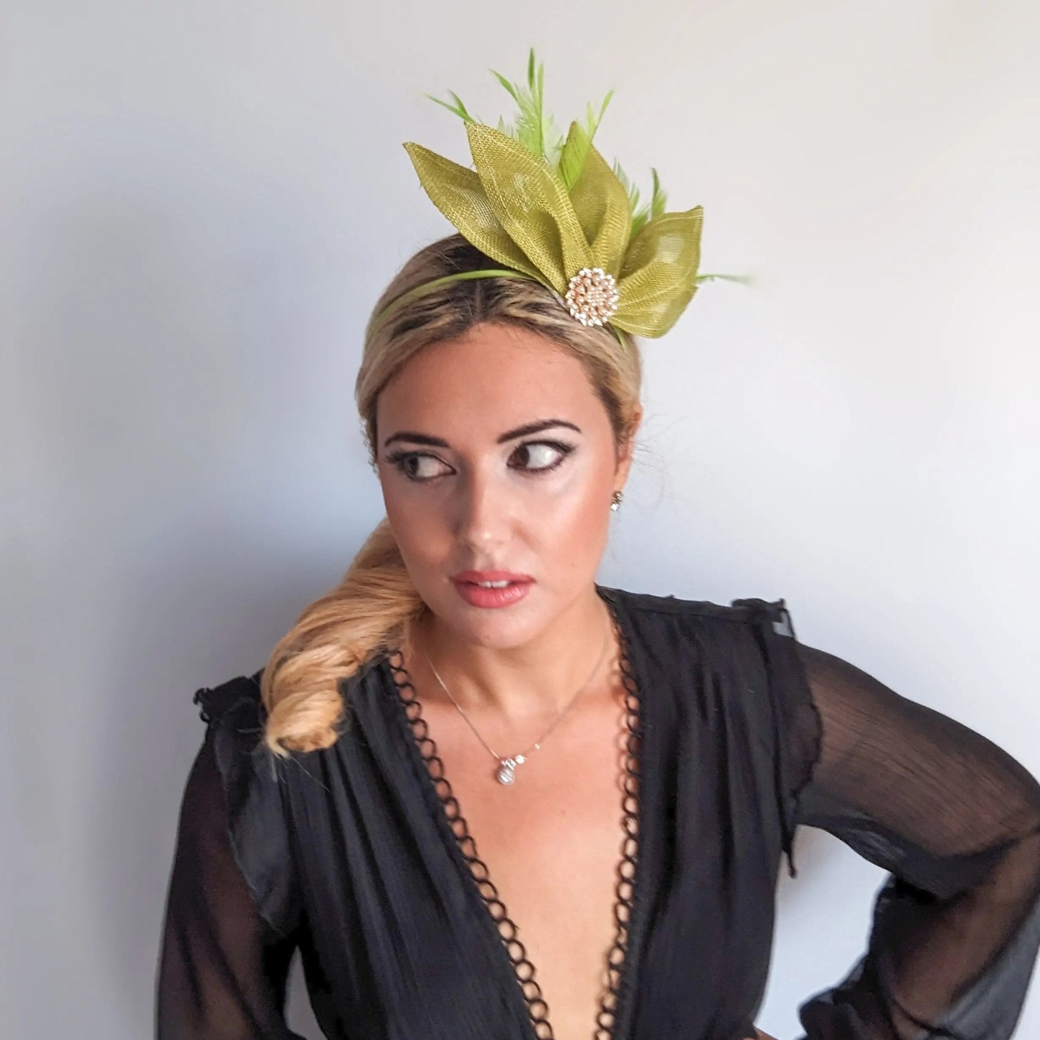 Matcha lime green feather petal fan fascinator hat - House of Hats