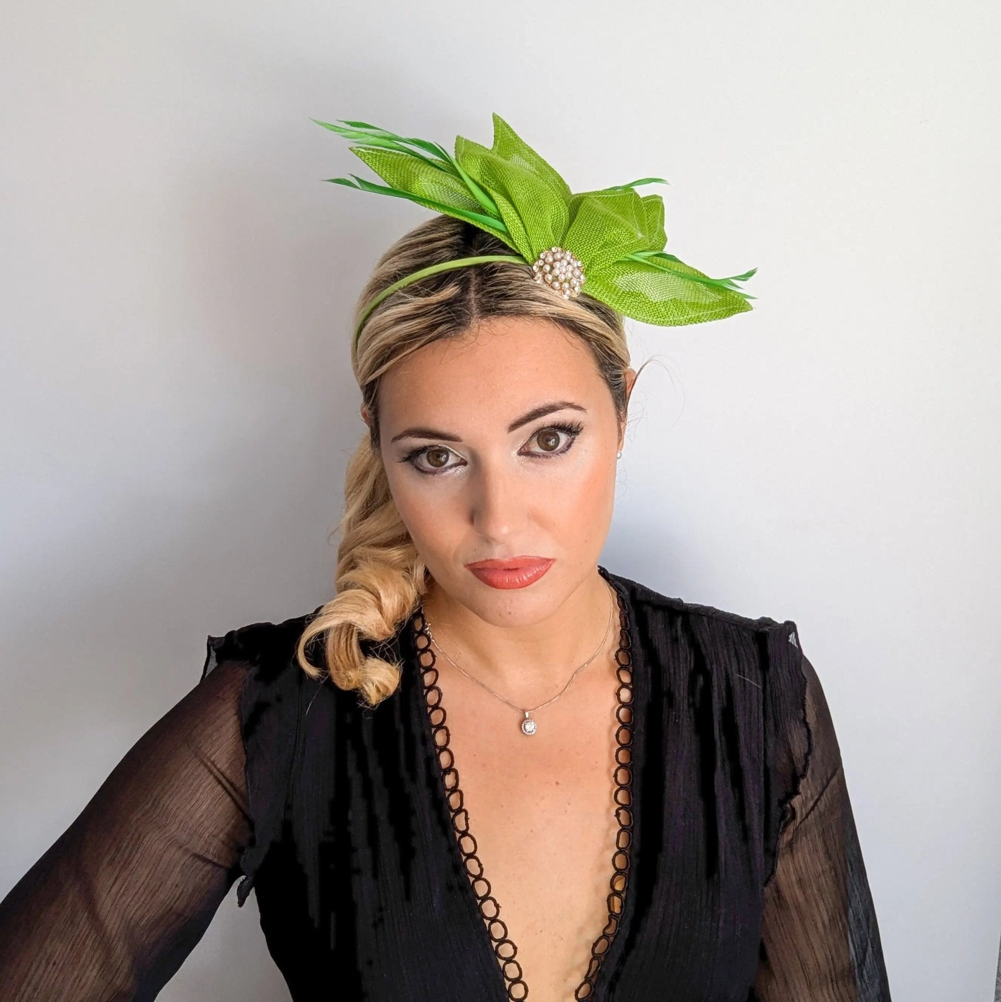 Matcha lime green feather petal fan fascinator hat - House of Hats