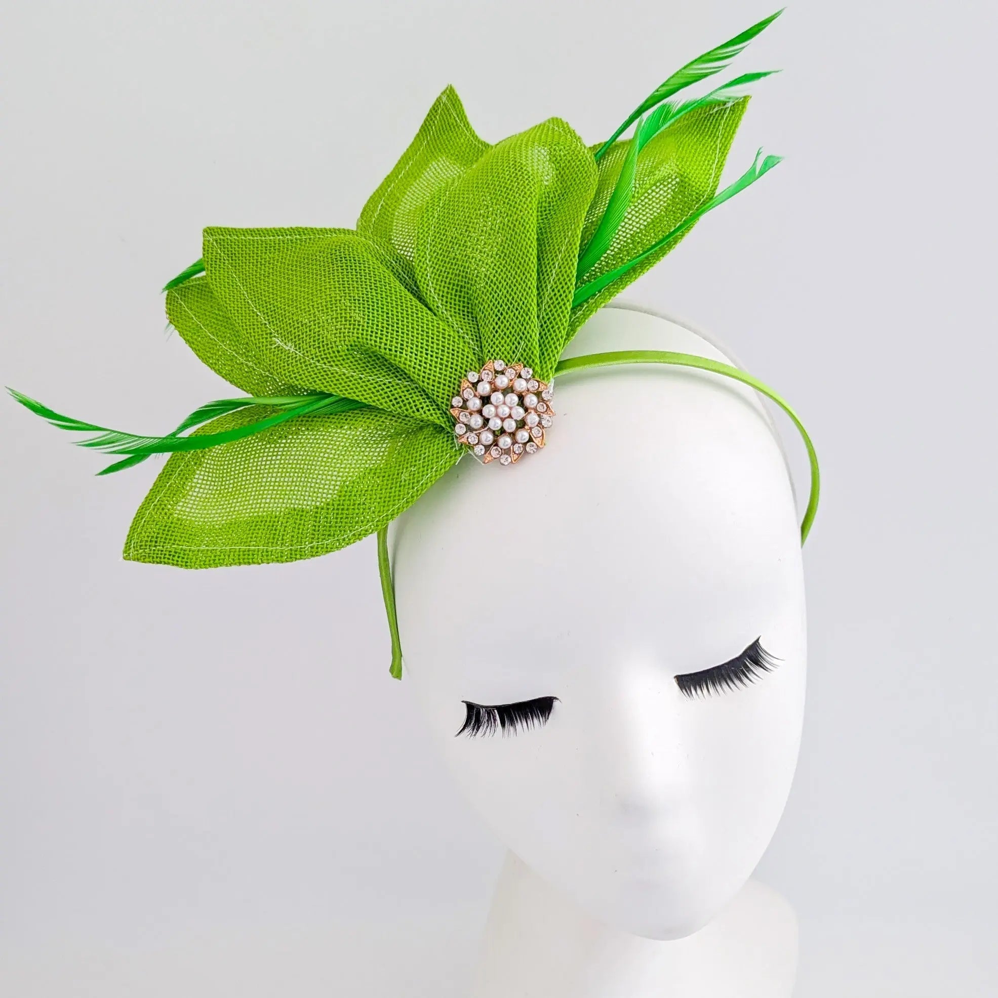 Matcha lime green feather petal fan fascinator hat - House of Hats