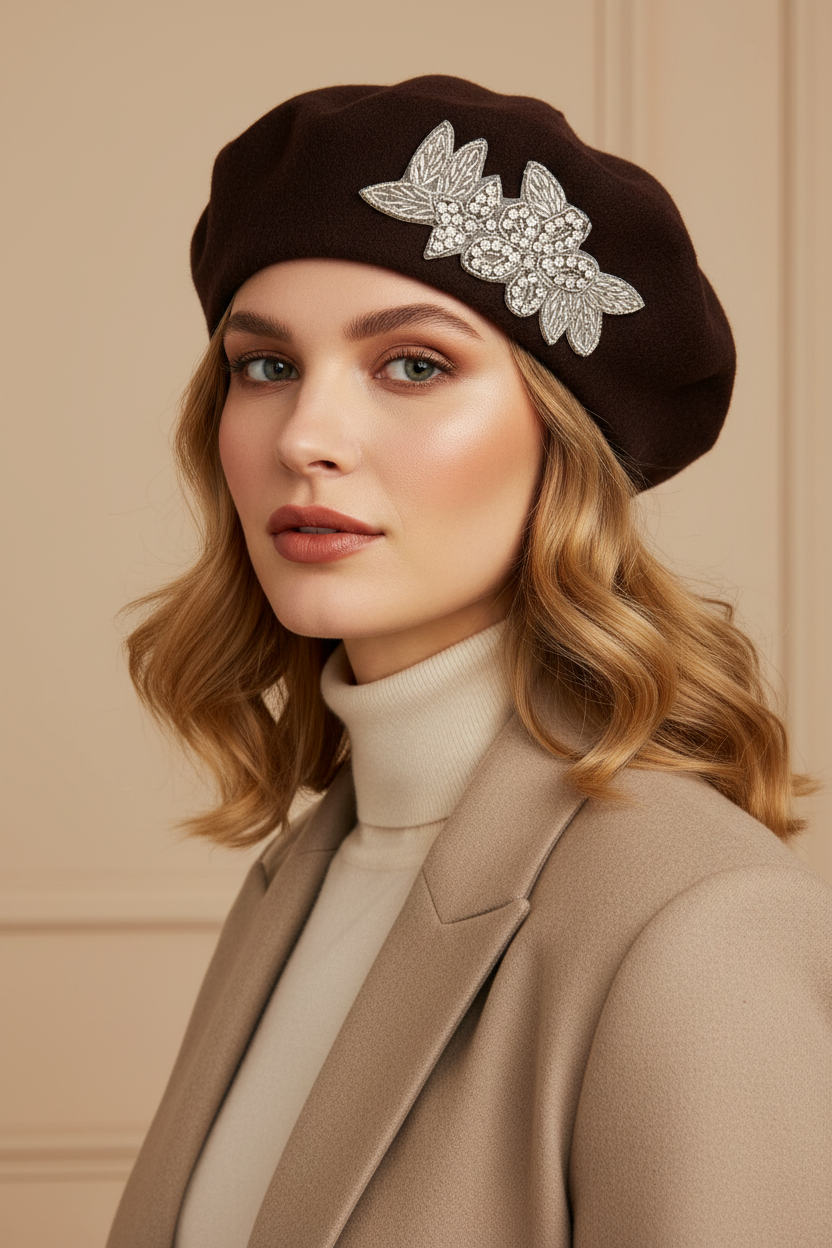 Model wearing a chocolate brown crystal wool felt French beret hat