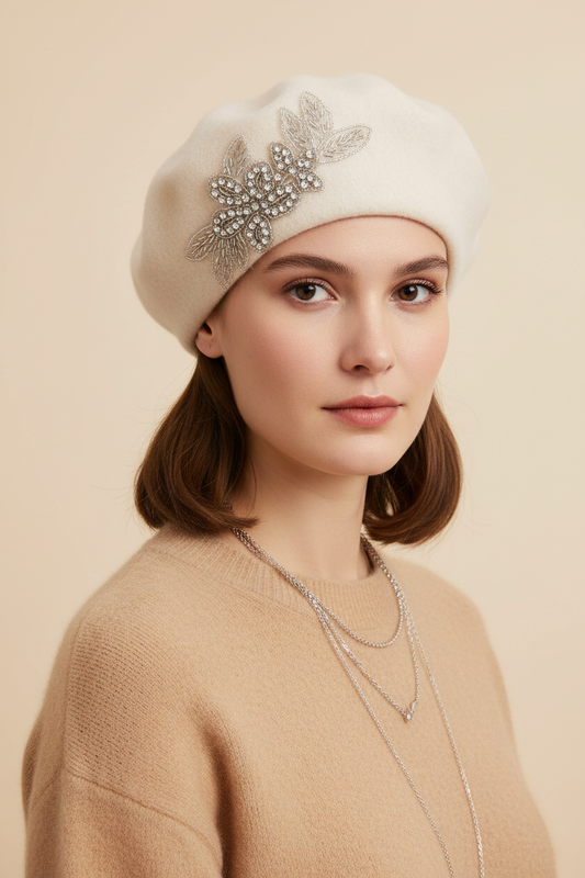 Model wearing a cream crystal wool felt French beret hat