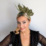 Moss green feather petal fan fascinator hat - House of Hats