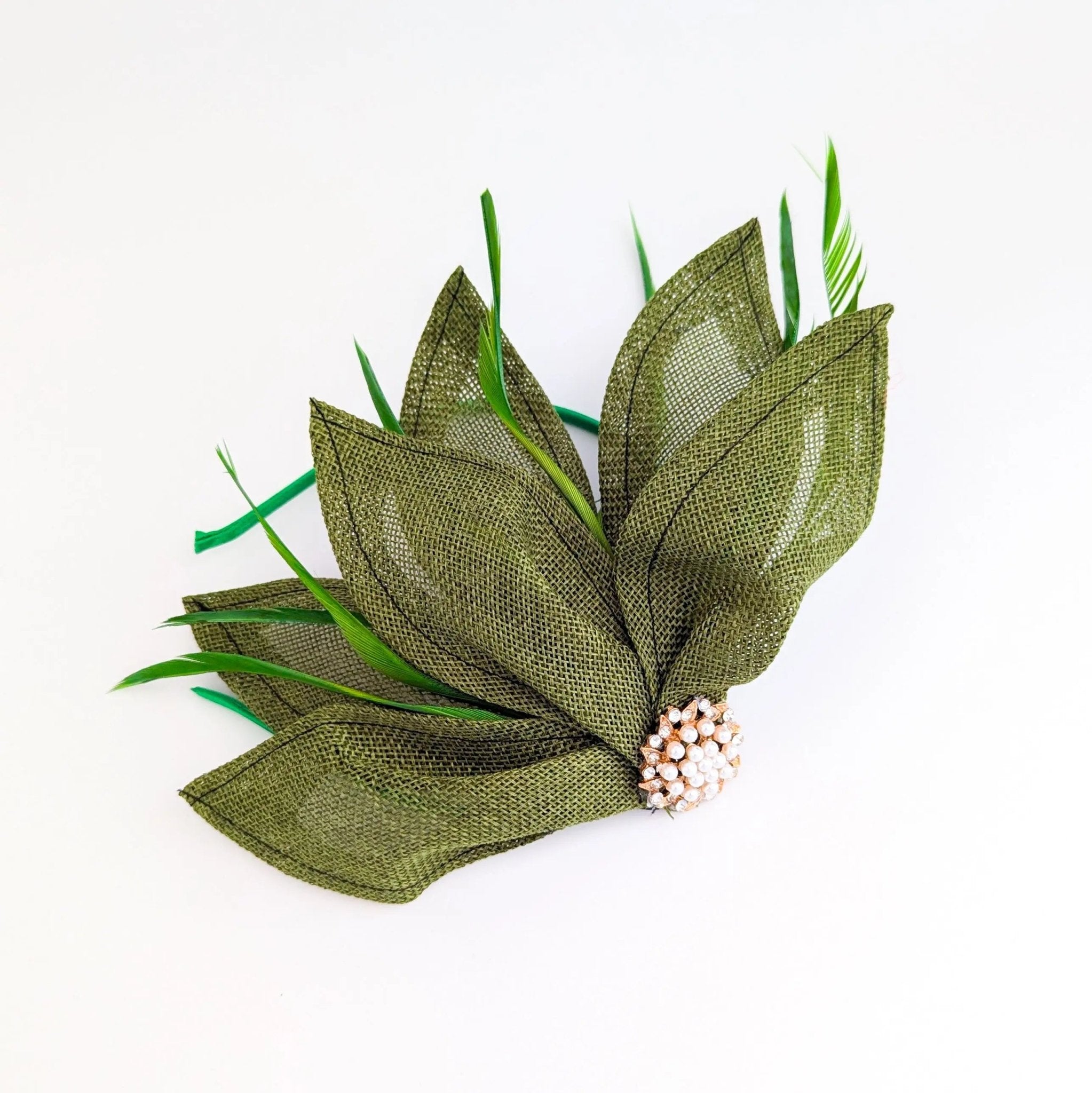 Moss green feather petal fan fascinator hat - House of Hats