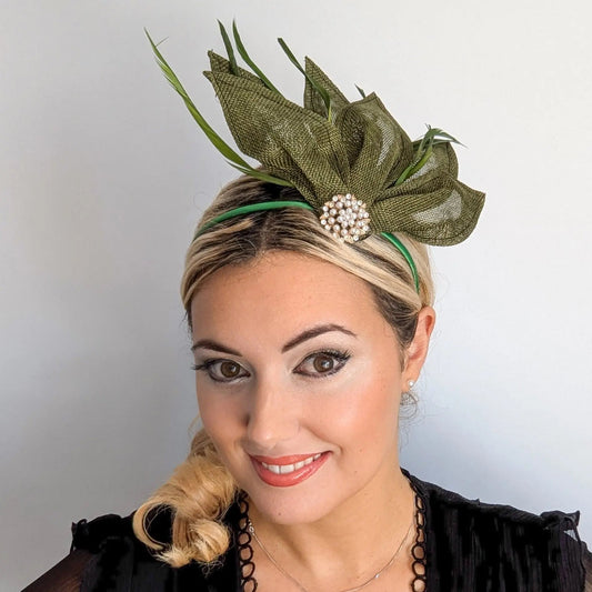 Moss green feather petal fan fascinator hat - House of Hats