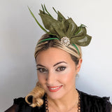 Moss green feather petal fan fascinator hat - House of Hats