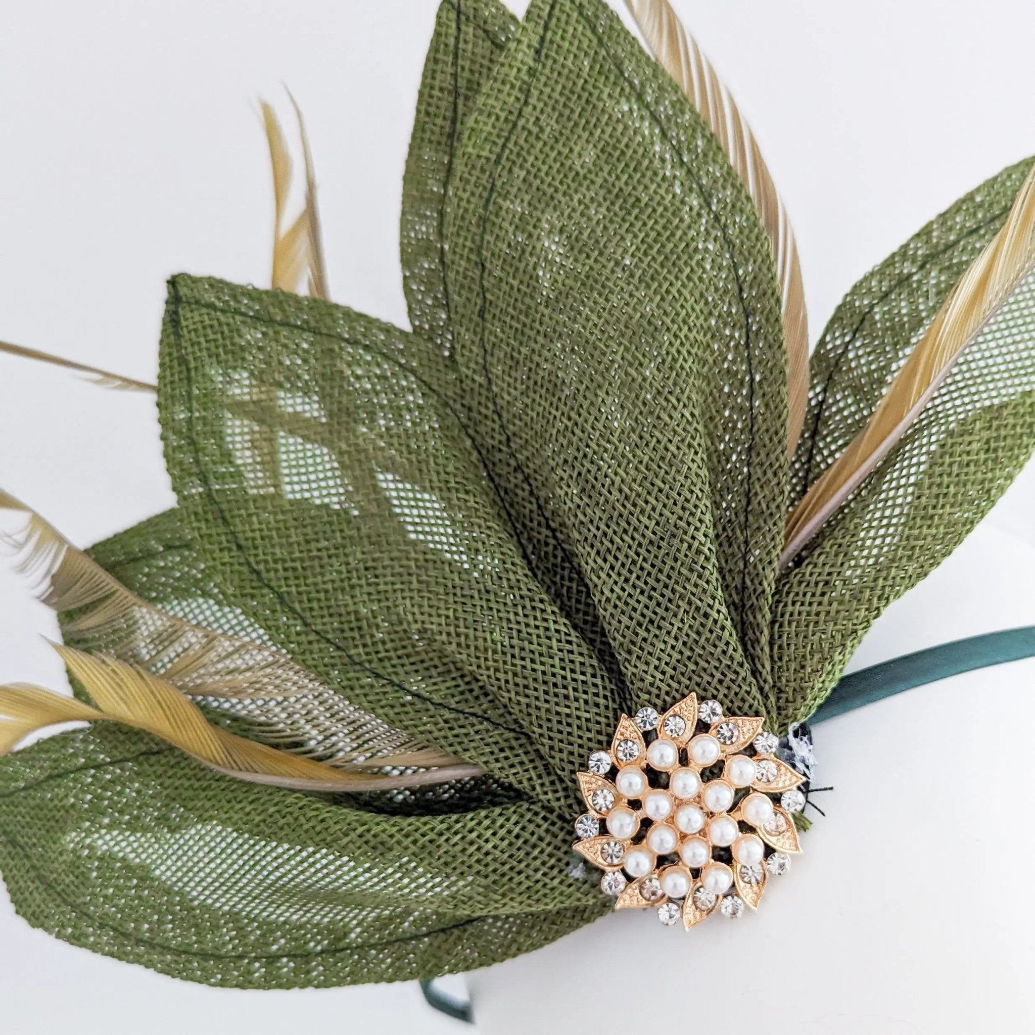 Moss green feather petal fan fascinator hat - House of Hats