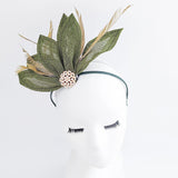 Moss green feather petal fan fascinator hat - House of Hats