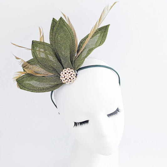 Moss green feather petal fan fascinator hat - House of Hats