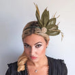Moss green feather petal fan fascinator hat - House of Hats