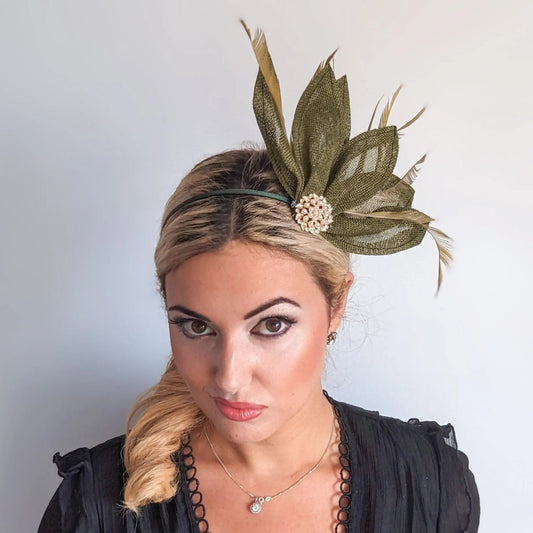 Moss green feather petal fan fascinator hat - House of Hats