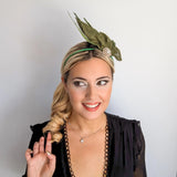 Moss green feather petal fan fascinator hat - House of Hats