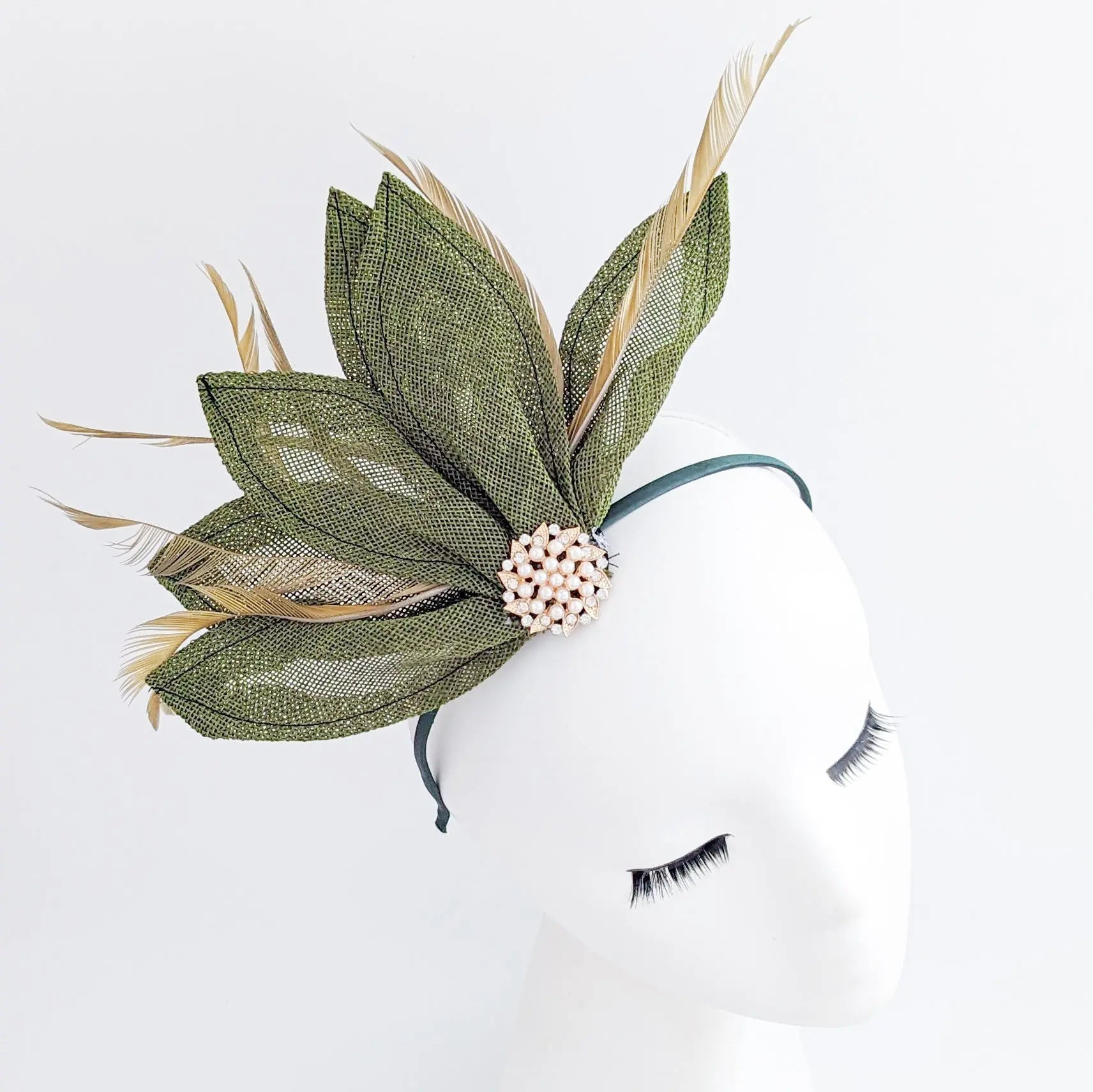 Moss green feather petal fan fascinator hat - House of Hats