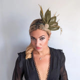 Moss green feather petal fan fascinator hat - House of Hats