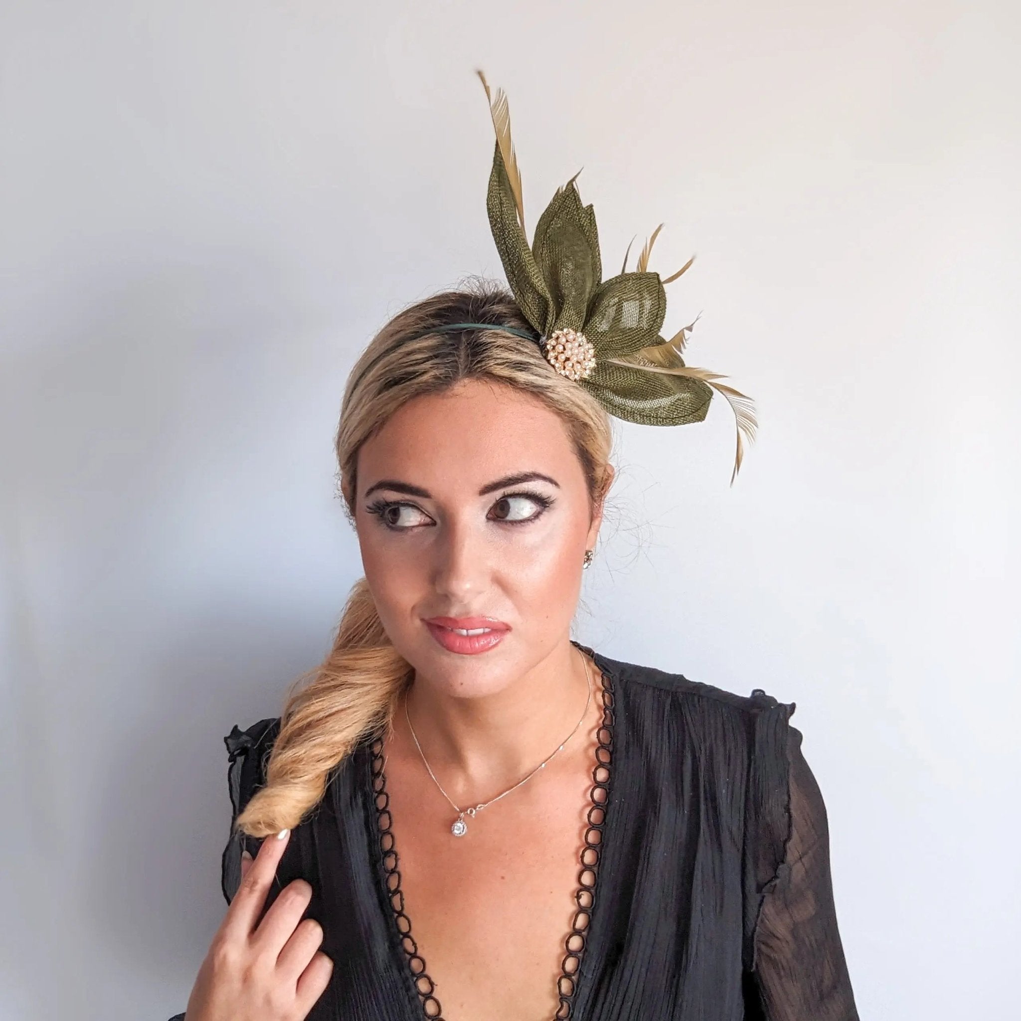 Moss green feather petal fan fascinator hat - House of Hats