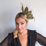 Moss green feather petal fan fascinator hat - House of Hats