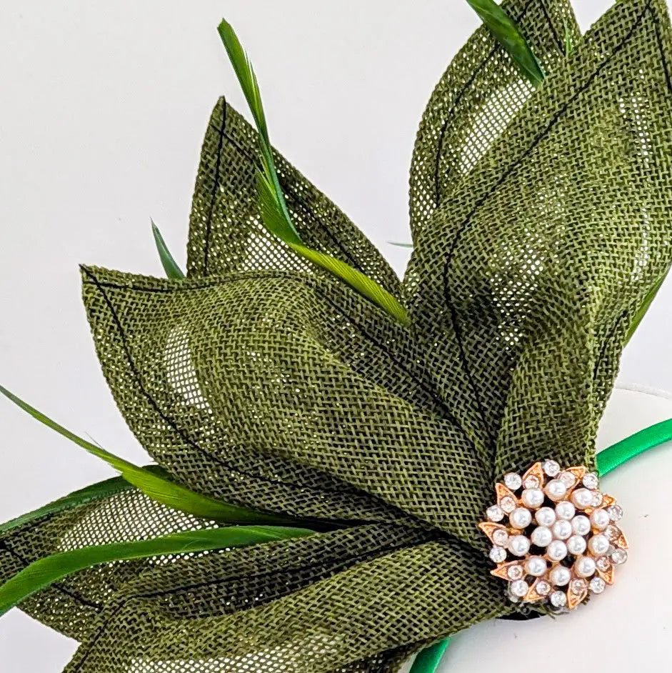 Moss green feather petal fan fascinator hat - House of Hats