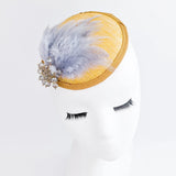 Mustard grey crystal feather small fascinator hat - House of Hats