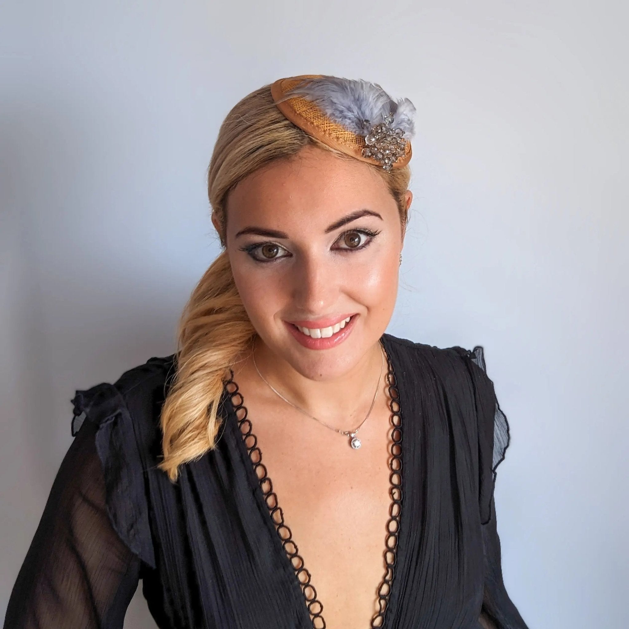 Mustard grey crystal feather small fascinator hat - House of Hats
