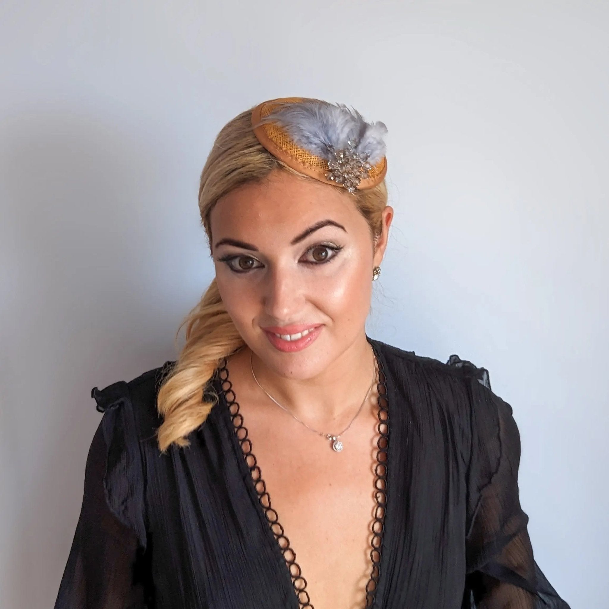 Mustard grey crystal feather small fascinator hat - House of Hats
