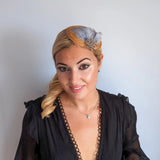 Mustard grey crystal feather small fascinator hat - House of Hats