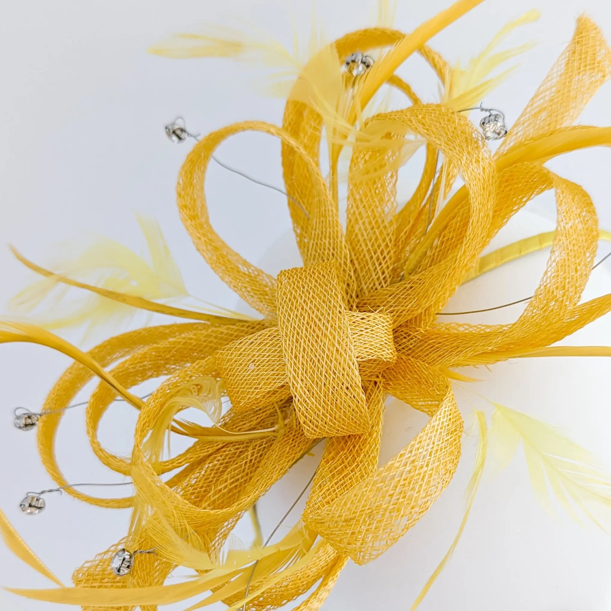 Mustard yellow crystal feather fascinator hat - House of Hats