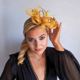 Mustard yellow crystal feather fascinator hat - House of Hats
