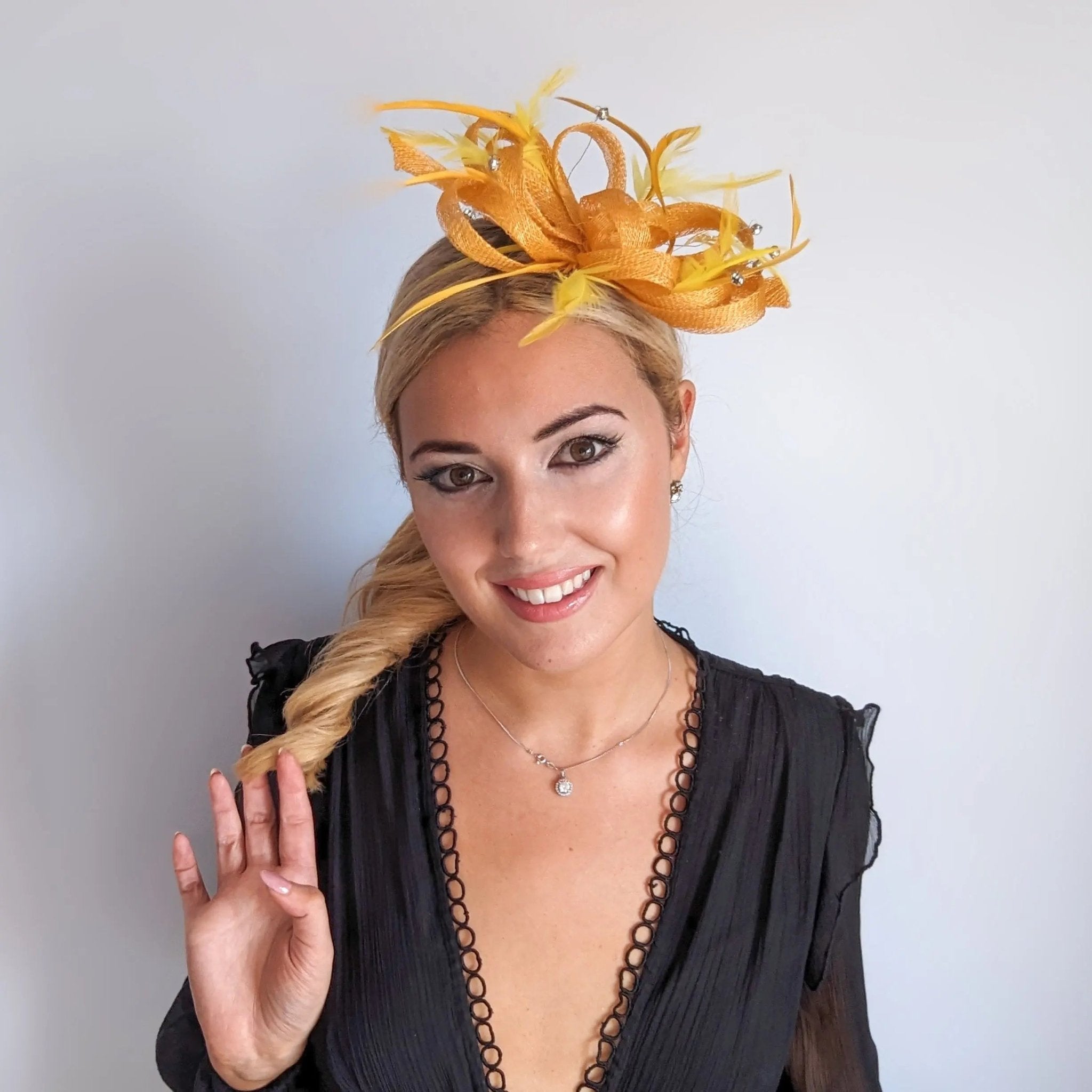 Mustard yellow crystal feather fascinator hat - House of Hats