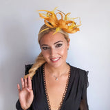 Mustard yellow crystal feather fascinator hat - House of Hats