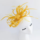 Mustard yellow crystal feather fascinator hat - House of Hats