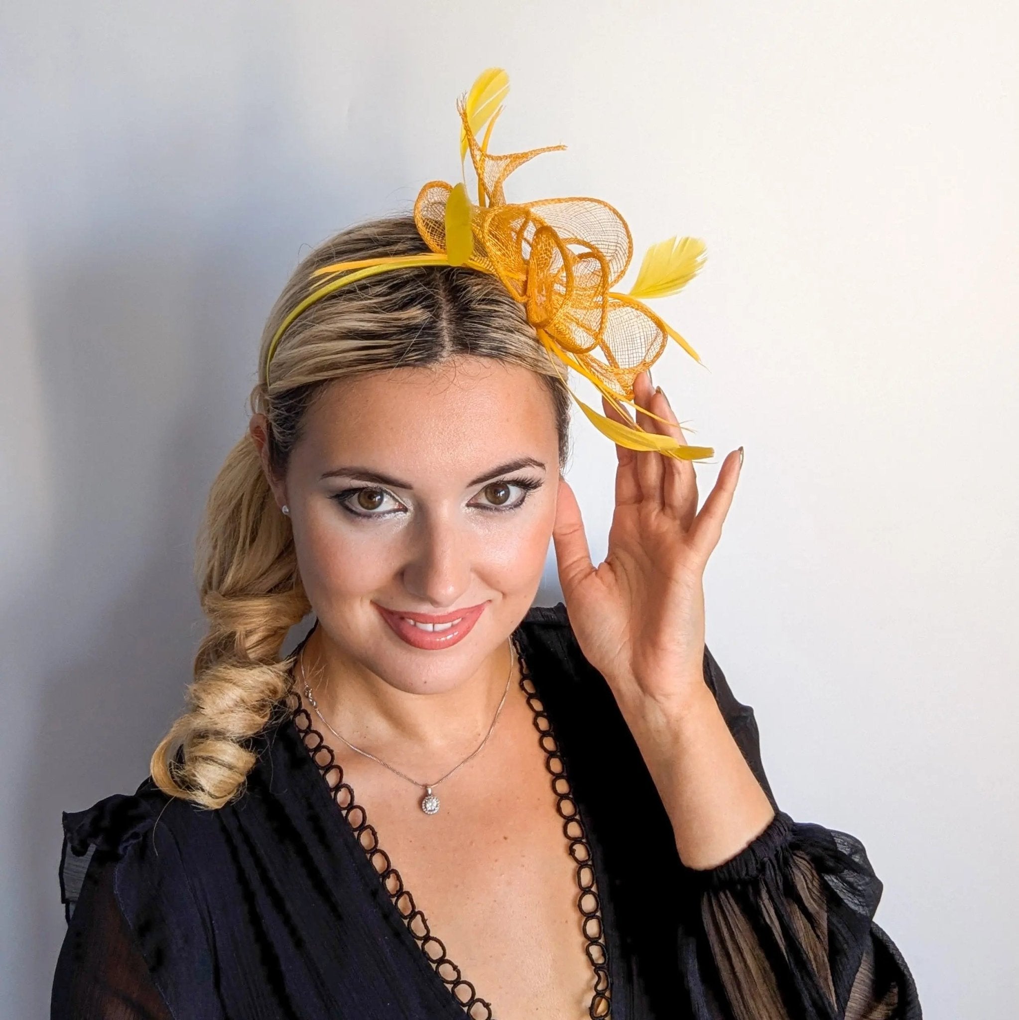 Mustard Yellow feather fascinator hat - House of Hats