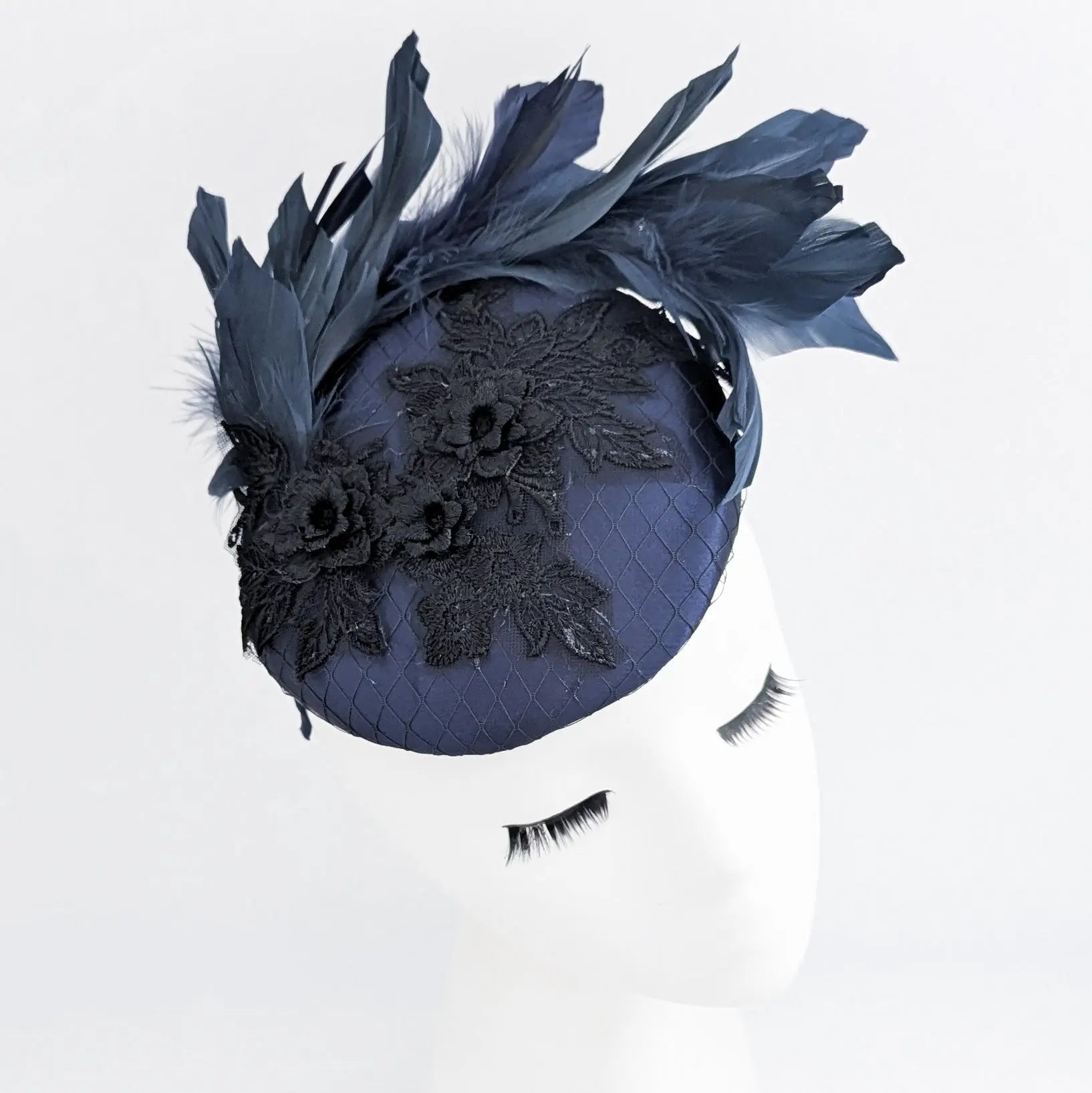Navy blue feather lace satin fascinator hat - House of Hats