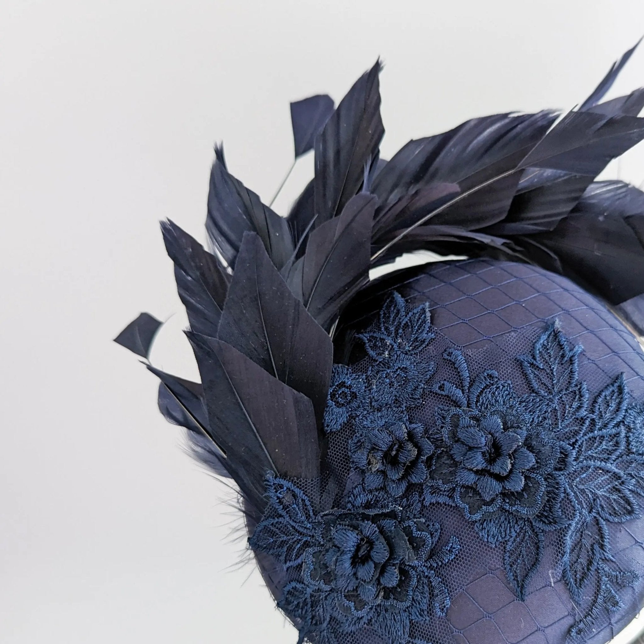 Navy blue feather lace satin fascinator hat - House of Hats