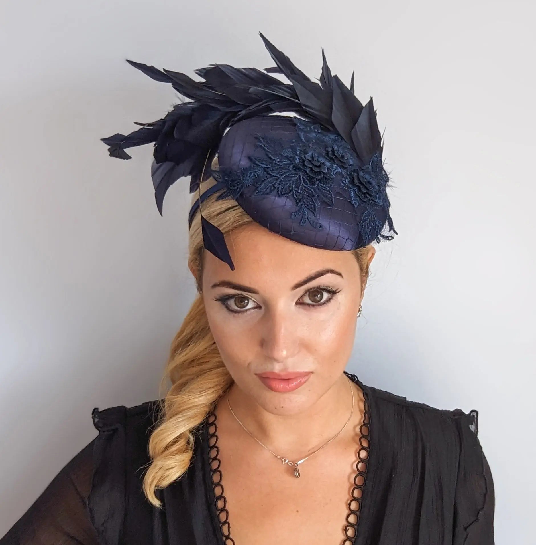 Navy blue feather lace satin fascinator hat - House of Hats