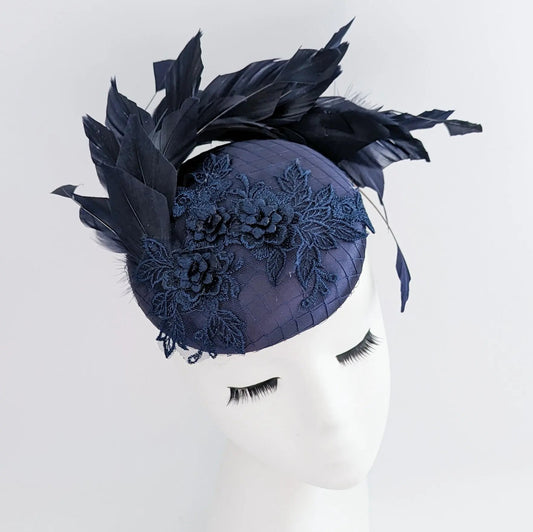 Navy blue feather lace satin fascinator hat - House of Hats
