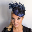 Navy blue feather lace satin fascinator hat - House of Hats