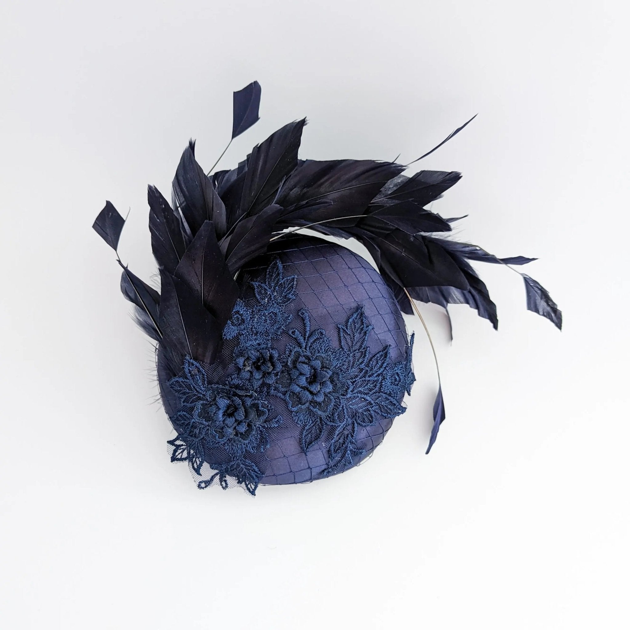 Navy blue feather lace satin fascinator hat - House of Hats