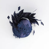 Navy blue feather lace satin fascinator hat - House of Hats