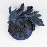 Navy blue feather lace satin fascinator hat - House of Hats