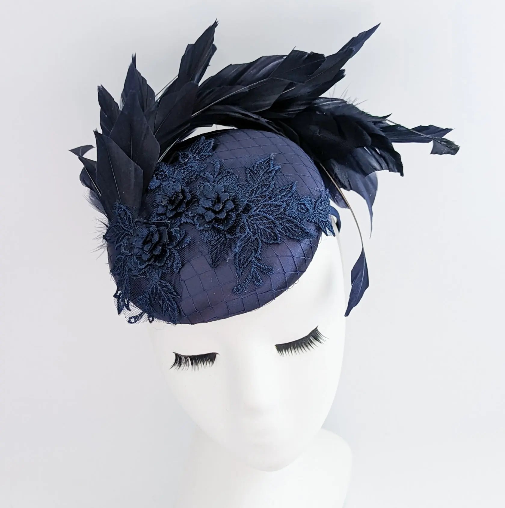 Navy blue feather lace satin fascinator hat - House of Hats
